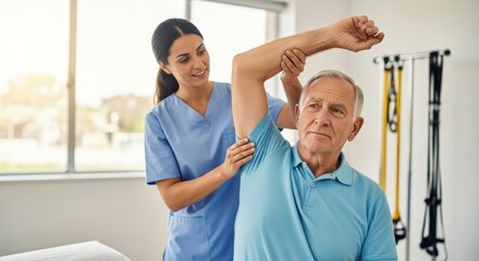Obraz premium An older man in blue shirt raises arm during therapy, assisted by a nurse at clinic. A female physical therapist helps an elderly man stretch his arm. Clinic setting.