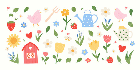 A charming illustration of gardening elements with birds flowers and farm tools © Raben