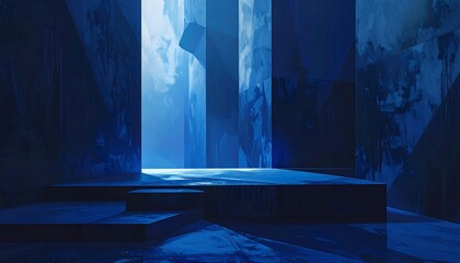 A stark interior, bathed in blue light, with geometric walls and a raised platform where beams of light illuminate
