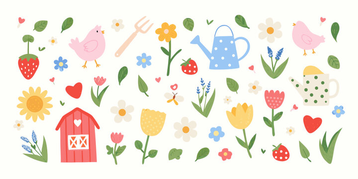 A charming illustration of gardening elements with birds flowers and farm tools