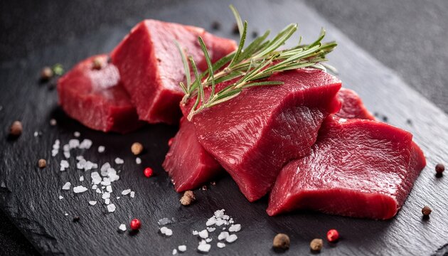 Raw Venison Chunks Garnished With Rosemary Peppercorns And Sea Salt On Slate