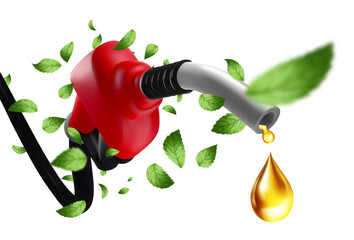 Red gas nozzle with a golden oil drop dripping Surrounded  flying green leaves Realistic 3D vector background Eco friendly bio fuel  natural energy concept advertising