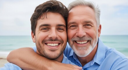 A young man hugs his father on a beach. Generational bond and happiness.