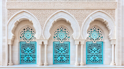 Obraz premium Ornate Islamic architecture showcasing symmetrical facade with three intricate cream-colored arches, delicate Arabic carvings, and vibrant teal blue decorative lattice screens.
