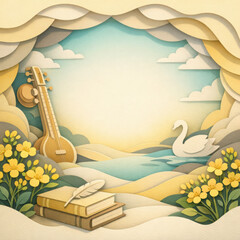 Paper cut landscape with swan, veena, books, and yellow flowers cutout layered