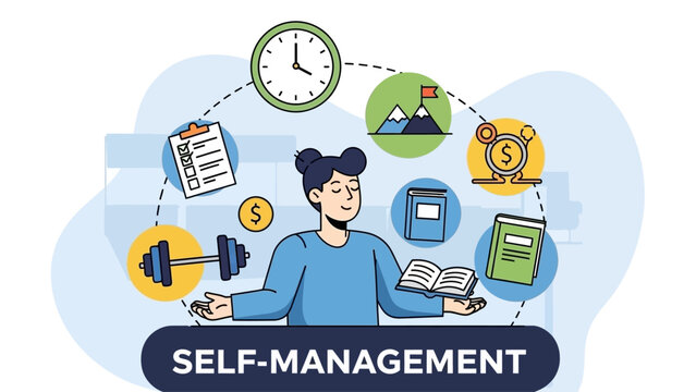 A person multitasking with various self-management tools surrounding them in a busy office environment from a frontal viewpoint