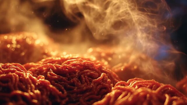 139A vivid close-up of hot, freshly processed ground meat, showcasing its fibrous texture and subtle steam drifting through the frame