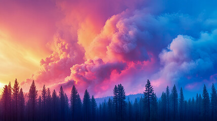Breathtaking Twilight Scene: Majestic Pine Trees Stand Silhouetted Against Celestial Canvas of Swirling Pink, Orange, and Indigo Clouds