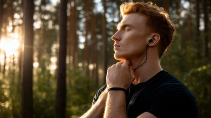 Obraz premium In a tranquil forest, a young man relaxes with eyes closed, absorbing the soothing sounds of music. Sunlight breaks through the trees, creating a peaceful atmosphere for reflection