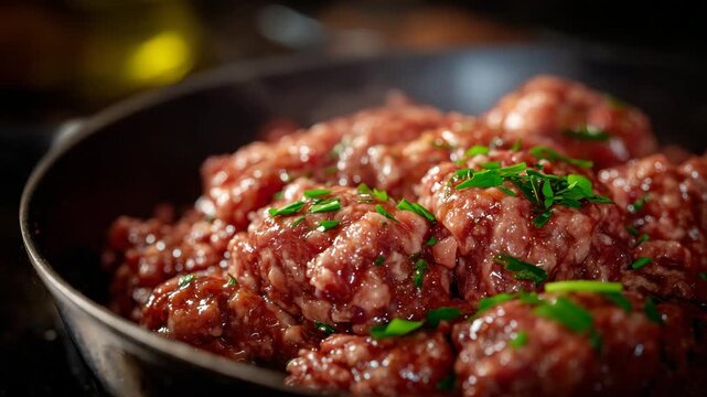 141Rich, steamy ground meat filling the frame, emphasizing its warm color, moist texture, and freshly processed appearance