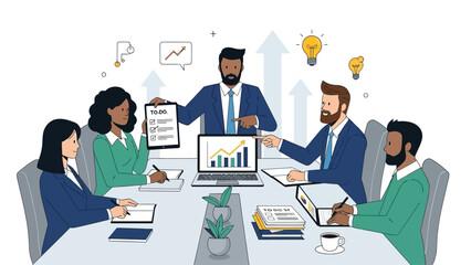 Business professionals collaborating around a table with charts and laptops in a modern office setting