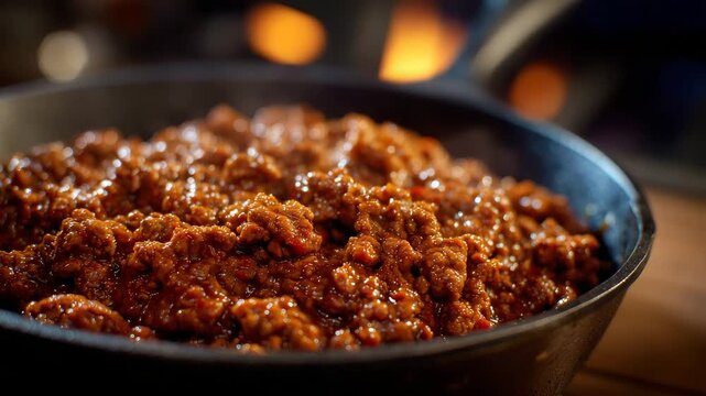 142Rich, steamy ground meat filling the frame, emphasizing its warm color, moist texture, and freshly processed appearance