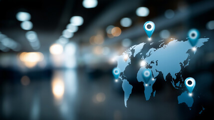 Franchise location strategy concept with global map and store icons visualization showing international business expansion planning franchise network development investment