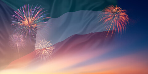 Waving National flags of Kuwait In sky with fireworks and text