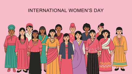 Diverse group of women from various cultures and ethnicities standing together to celebrate International Women's Day.