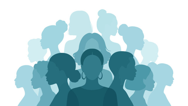 Diverse group of women silhouettes in varying shades of blue, representing unity and strength.