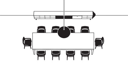 A sleek, modern conference room, featuring a long table surrounded by chairs and an overhead light fixture. The design emphasizes clean lines and minimalist aesthetics.