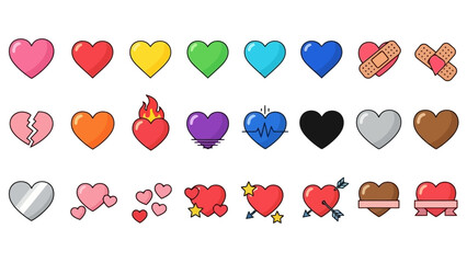 Collection of 24 Diverse Heart Icons and Symbols in Various Colors and Styles