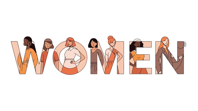 Diverse group of women depicted within the letters spelling out the word "WOMEN", celebrating female empowerment and unity.