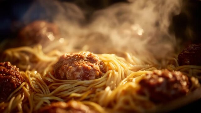 153Close-up scene of ground meat still steaming from grinding, with detailed strands forming an intricate, natural pattern across the surface