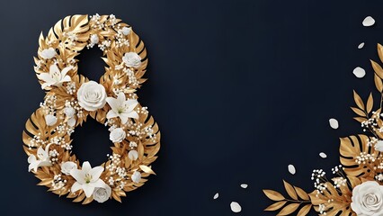Golden number eight adorned with white flowers and lush foliage