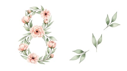 Watercolor floral design featuring the number eight with delicate pink blossoms