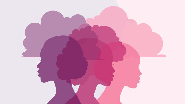 Diverse Silhouettes of Women in Profile with Abstract Clouds in Gradient Pink Hues