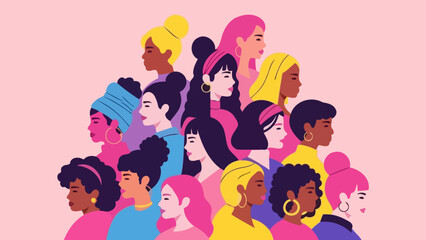 A diverse group of women of various ethnicities and hairstyles stand together, symbolizing unity and female empowerment.