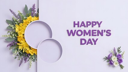 Floral arrangement with text celebrating happy women s day on white background