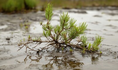 Small pine tree seedling on muddy ground with reflection outdoors
