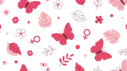 A seamless pattern featuring pink butterflies, delicate flowers, and feminine symbols on a white background, evoking a sense of spring and grace.