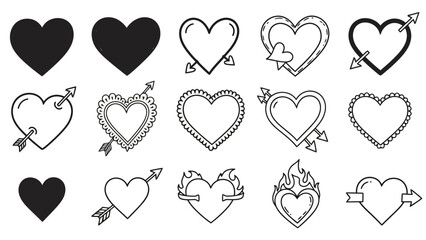 Collection of heart illustrations, some with arrows, flames, and decorative borders, in black and white.