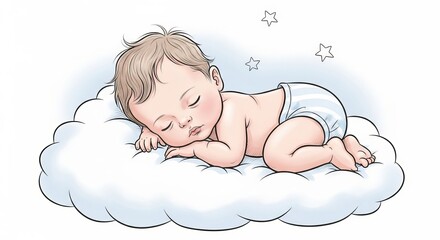 A sleeping infant wearing a diaper rests peacefully on a fluffy cloud under stars in a soft blue sky.