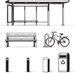 A collection of urban elements are carefully illustrated, with focus on public transit. The monochromatic image showcases design elements often found in a city.