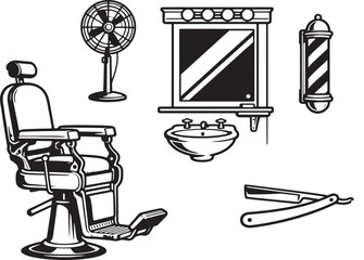 A vintage barber shop set, featuring essential tools and elements to evoke a sense of tradition and timeless style, captured in black and white.