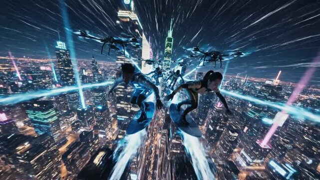 Futuristic hoverboarders soaring above a glowing cyberpunk cityscape