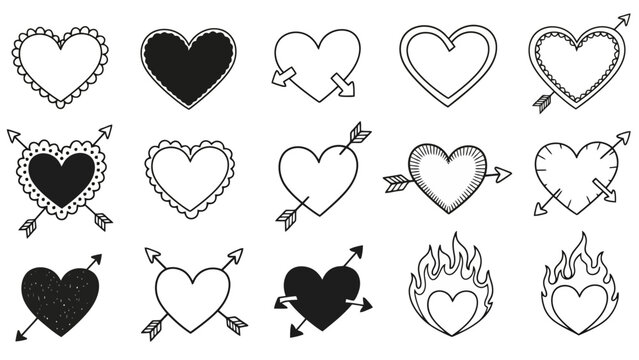 A collection of hand-drawn heart illustrations with various decorative elements and arrow designs.