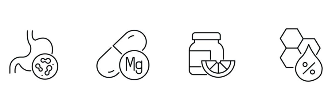 Supplements wellness icon set, probiotic gut bacteria, magnesium mg capsule, citrus vitamin c jar, honey extract percentage illustration.