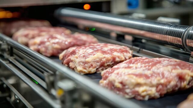 166Close-up perspective of multiple rows of glossy pink meat products moving in unison on a conveyor belt, illuminated by soft reflections from chrome machinery and overhead ventilati