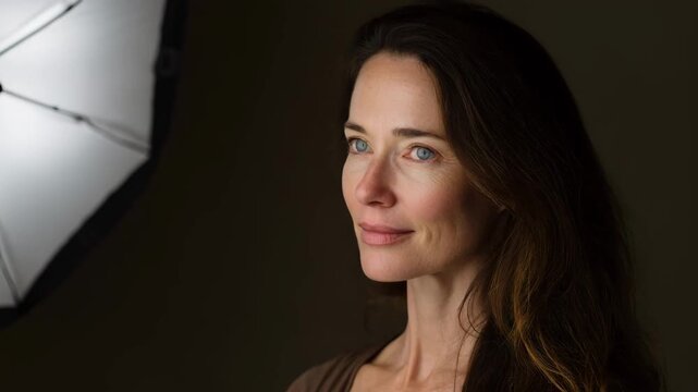 Medium shot focusing on an umbrella light diffuser casting a natural flattering glow on the subject for professional portrait photography.