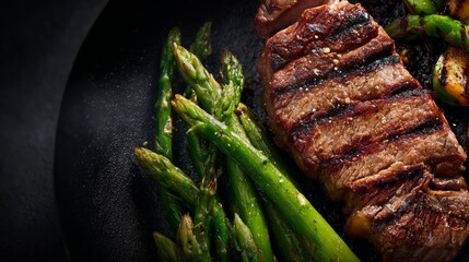 Grilled steak served on a black plate alongside fresh asparagus and colorful vegetables, showcasing a delicious culinary presentation for food enthusiasts and gourmet lovers