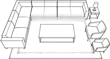 A detailed sketch of a modern living room, featuring a sectional sofa, a coffee table, armchairs, and a lamp table, illustrating the elements in a top-down view.