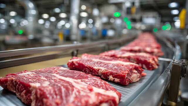 170Close-up perspective of multiple rows of glossy pink meat products moving in unison on a conveyor belt, illuminated by soft reflections from chrome machinery and overhead ventilati