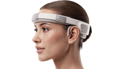 Side profile of a modern headband sensor worn by a person highlighting noninvasive migraine tracking technology in a clinical white setting.