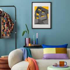 Interior desgin of modern living room interior with mock up poster frame, colorful decorations and...