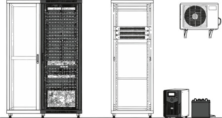 A detailed technical illustration of server racks and related equipment, showcasing essential components for data management.