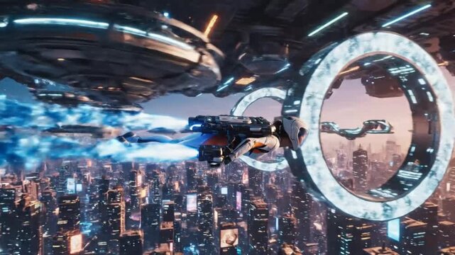 Futuristic jetpack flight through neon-lit cityscape with sleek spaceships and geometric portals in a muted toned sci-fi scene