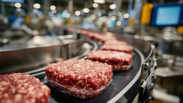 175Macro-focused image of neatly arranged cylindrical meat products gliding on a conveyor belt, their polished surfaces reflecting overhead light, within a sterile, high-tech food pro