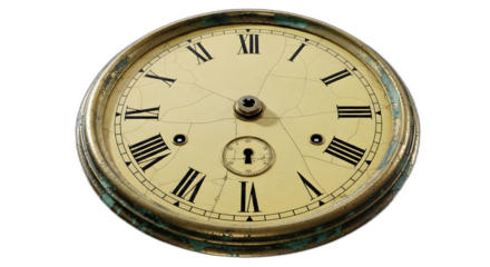 Highly detailed antique clock face featuring Roman numerals and significant age cracks with verdigris corrosion on its metal bezel on transparent background