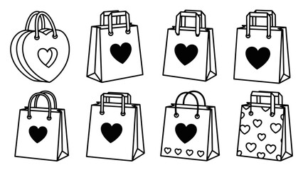 A collection of eight black and white line drawings of shopping bags, most featuring heart designs. © Avoxel